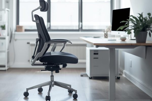 Una silla ergonómica completa en una oficina de fondo en el trabajo
