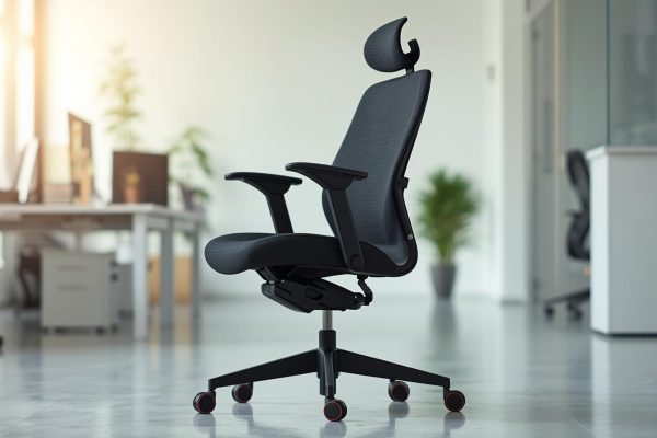 Una silla ergonómica de frente un poco inclinada y completa en una oficina de fondo en el trabajo